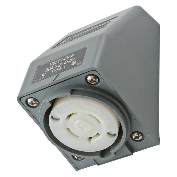 Hubbell Wiring Device-Kellems Locking Devices, Twist-Lock®, Safety Shroud, Angled Receptacle, 30A 3-Phase Delta 600V AC, 3-Pole 4-Wire Grounding, L17-30R, Screw Terminal, Gray HBL2740AR